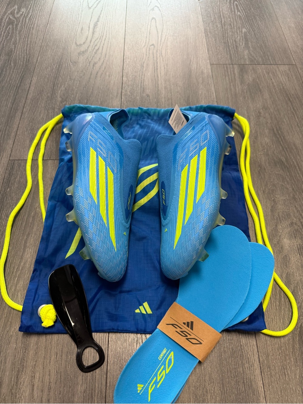 Adidas F50 Elite Laceless FG  Lucid Ray Blue Team Solar Yellow 2 JR6461 Sz 9.5